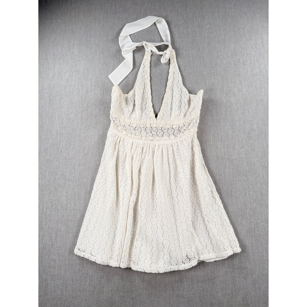 Free People Ivory Lace Halter Mini Dress Boho Crochet Floral 12